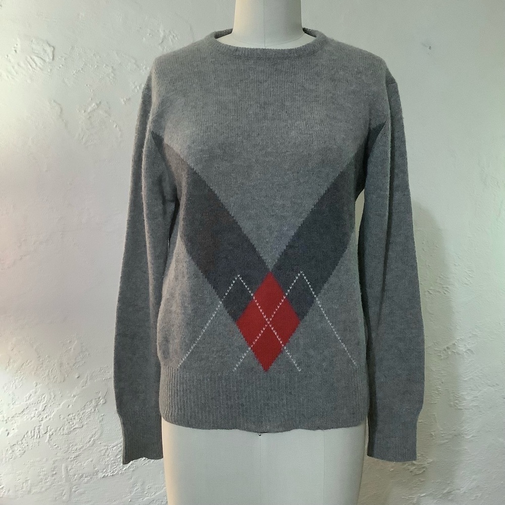 Unisex Gray 100% Cashmere Argyle Sweater Preppy